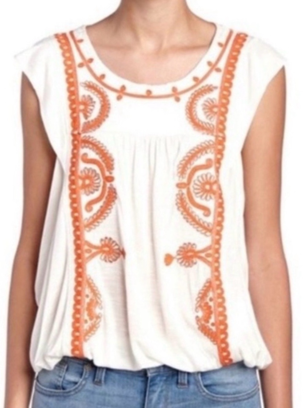 FREE PEOPLE Dos Segundos Orange Embroidered Muscle Tee Flowy Top fits Sz M-L